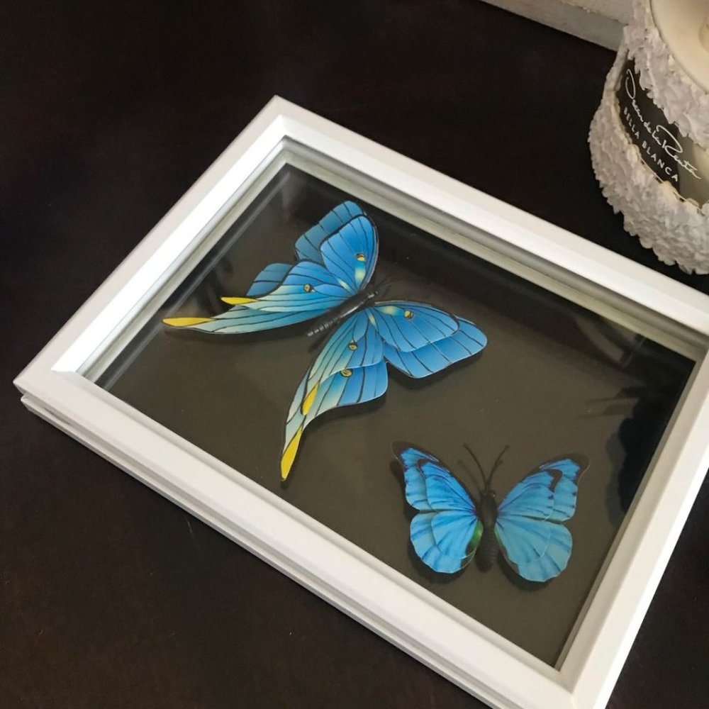 Handmade Clear Glass & White Jewelry/Makeup Tray with Suspended Blue Butterflies